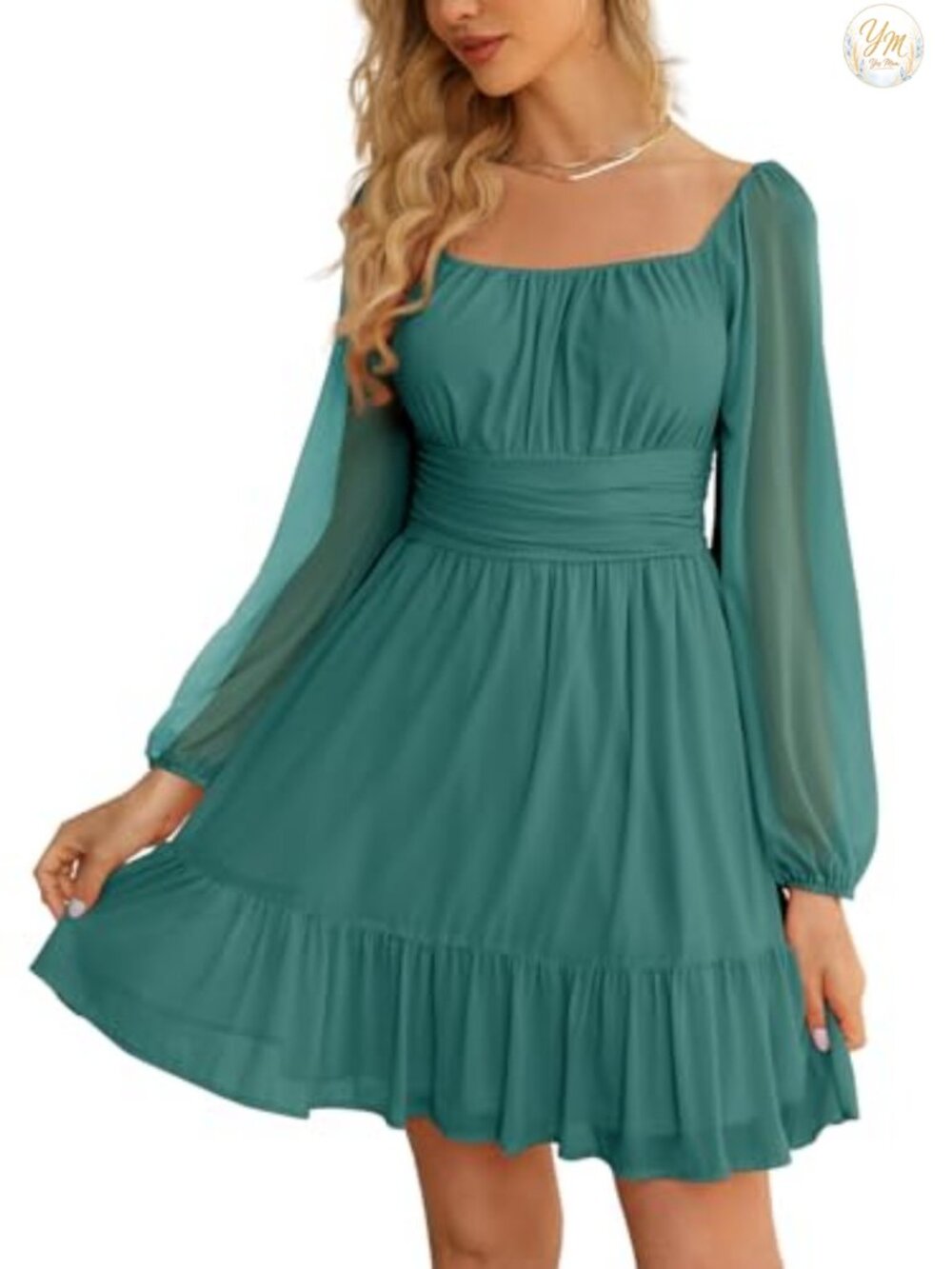 Women's Mesh Long Sleeve Square Neck A Line Ruffle Hem Mini Dress